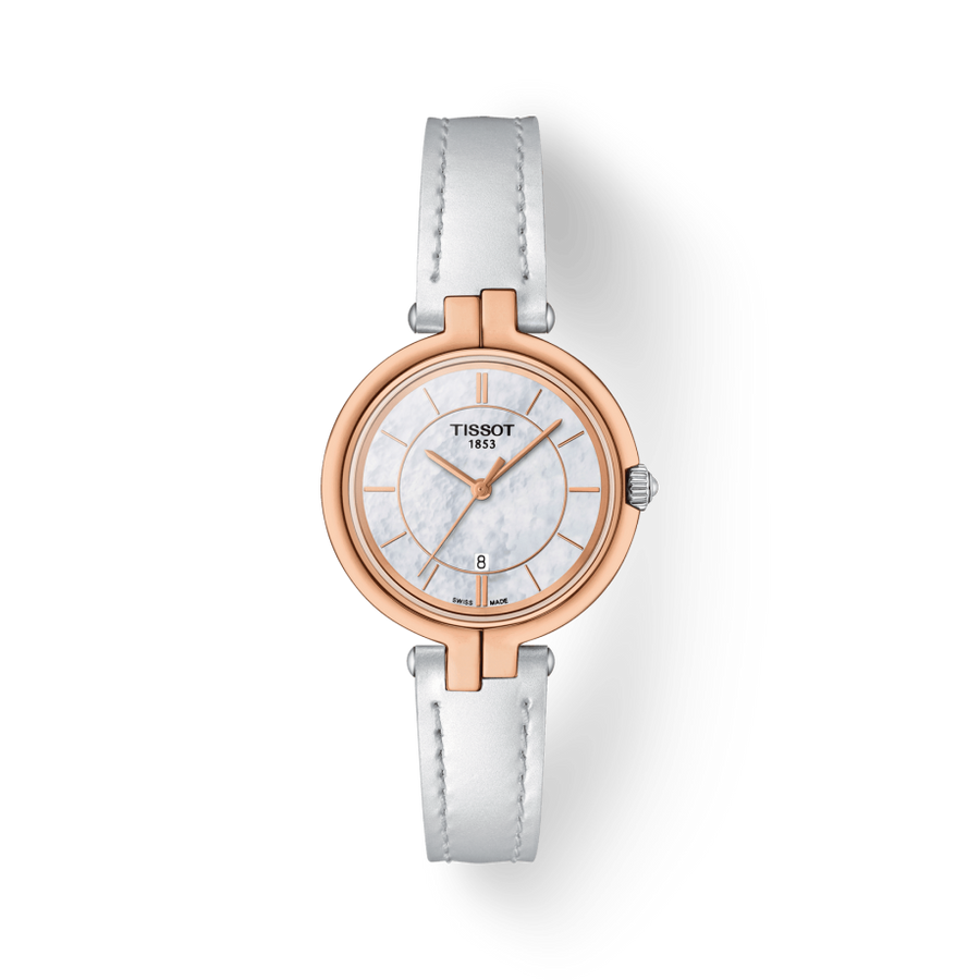 Tissot T Lady Flamingo Mother of Pearl White Dial White Leather Strap Watch For Women - T094.210.26.111.01