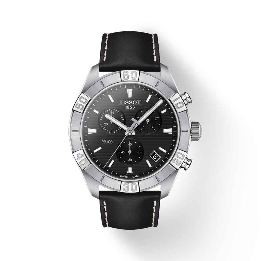Tissot PR 100 Sport Quartz Chronograph Black Dial Black Leather Strap Watch For Men - T101.617.16.051.00