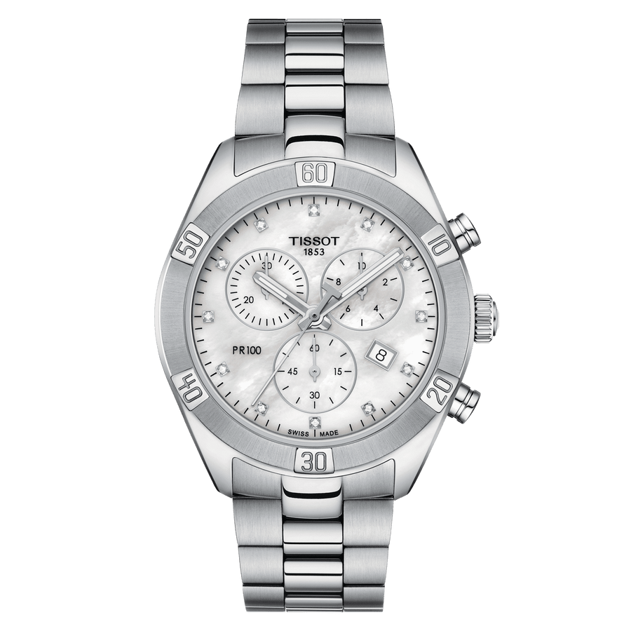 Tissot PR 100 Sport Chic Chronograph Diamonds Mother of Pearl Dial Silver Steel Strap Watch for Women - T101.917.11.116.00