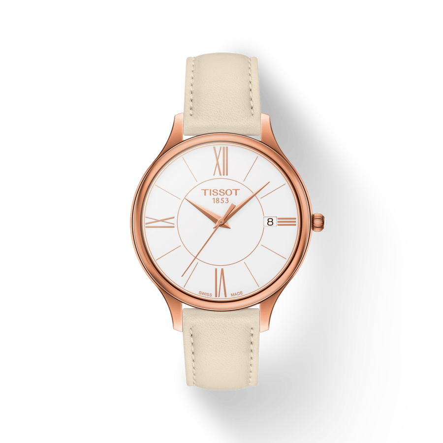 Tissot T Lady Bella Ora Round White Dial Beige Leather Strap Watch For Women - T103.210.36.018.00