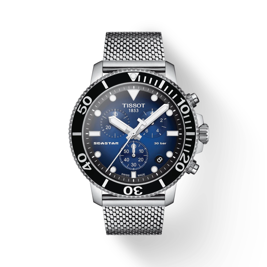 Tissot Seastar 1000 Chronograph Blue Dial Silver Mesh Bracelet Watch For Men - T120.417.11.041.02