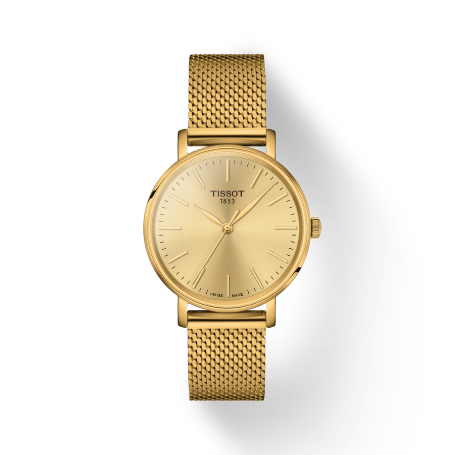 Tissot Everytime Lady Gold Dial Gold Mesh Bracelet Watch for Women - T143.210.33.021.00