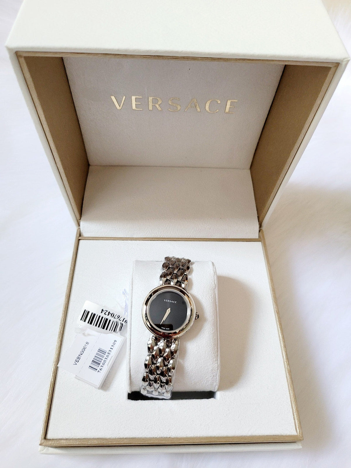 Versace V-Flare Quartz Black Dial Silver Steel Strap Watch for Women - VEBN00618