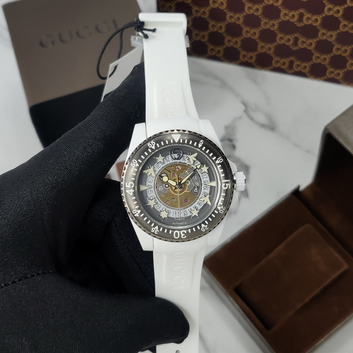 Gucci Dive Automatic Transparent Dial White Rubber Strap Watch For Men - YA136343