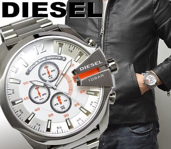 Diesel Mega Chief Chronograph White Dial Silver Steel Strap Watch For Men - DZ4328