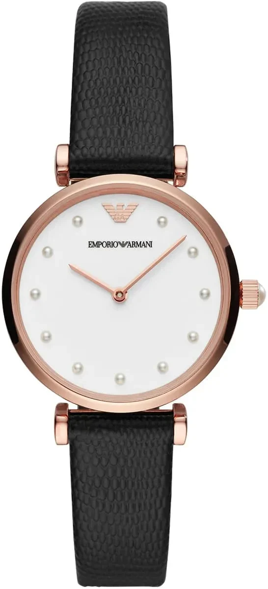 Emporio Armani Gianni T-Bar White Dial Black Leather Strap Watch for Women - AR11270