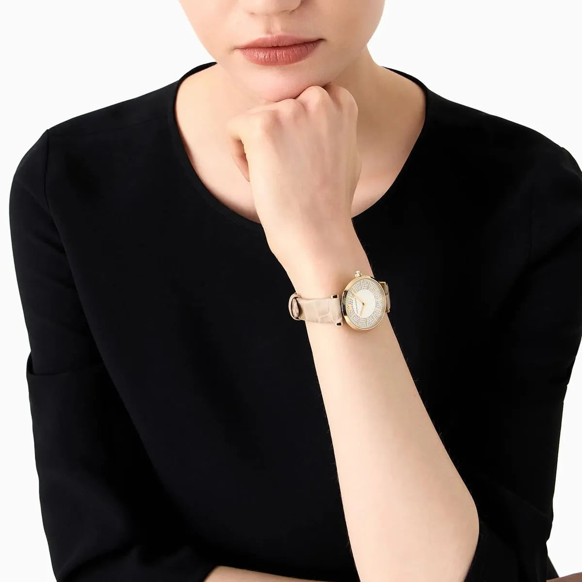 Emporio Armani Gianni T Bar Crystals Silver Dial Brown Leather Strap Watch For Women - AR11518