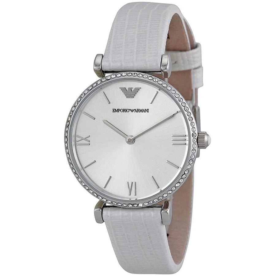 Emporio Armani Gianni T-Bar Silver Dial White Leather Strap Watch for Women - AR1680