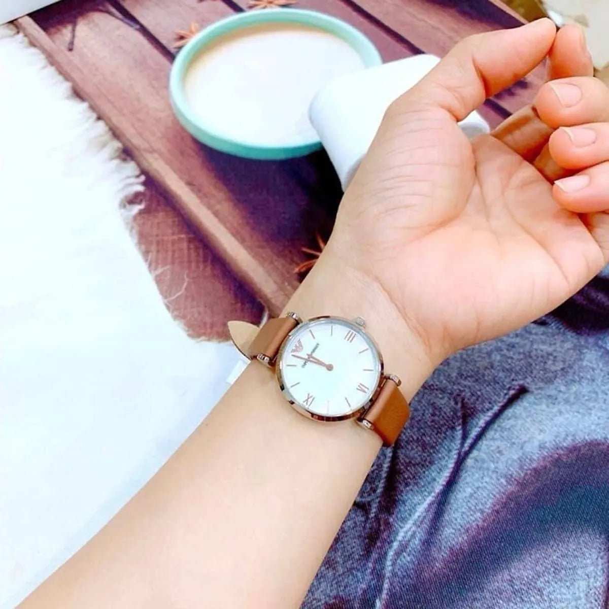 Emporio Armani Gianni T-Bar White Dial Brown Leather Strap Watch for Women - AR1988