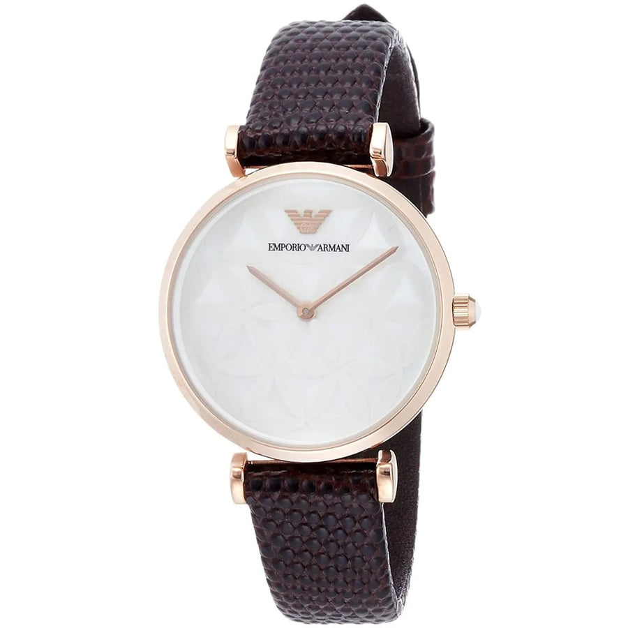 Emporio Armani Gianni T-Bar Silver Dial Brown Leather Strap Watch for Women - AR1990