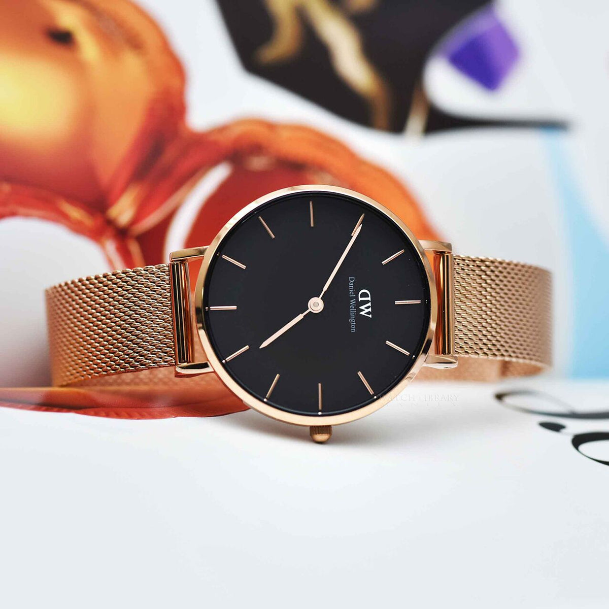 Daniel Wellington Classic Melrose Black Dial Rose Gold Mesh Bracelet Watch For Women - DW00100161