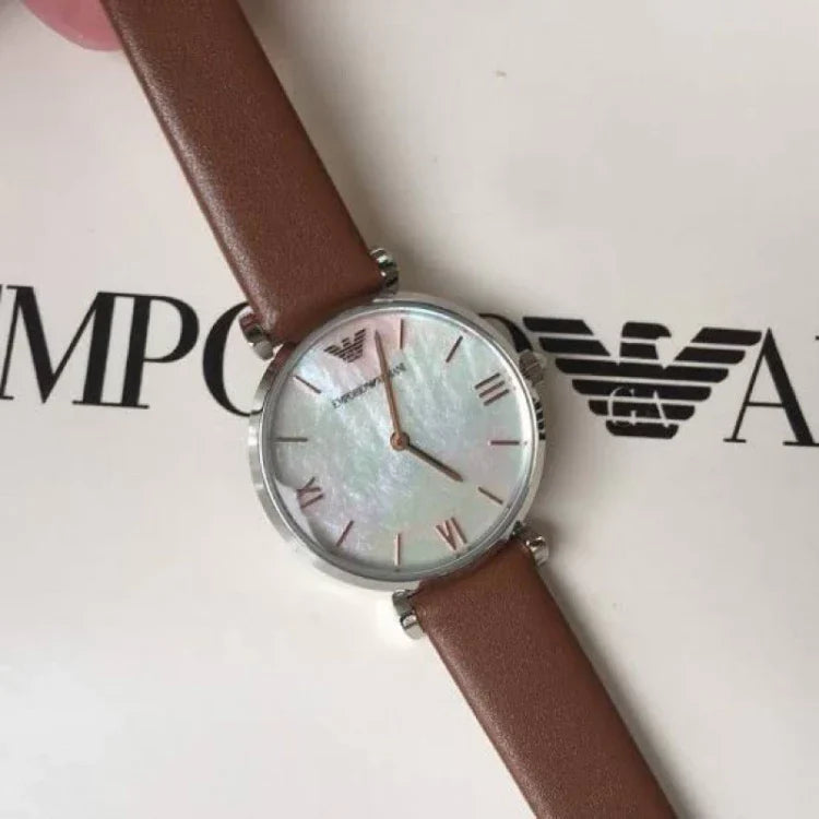 Emporio Armani Gianni T-Bar White Dial Brown Leather Strap Watch for Women - AR1988