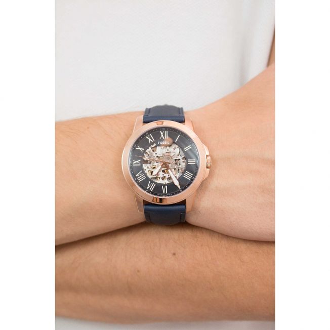 Fossil Grant Automatic Skeleton Blue Dial Blue Leather Strap Watch for Men - ME3102