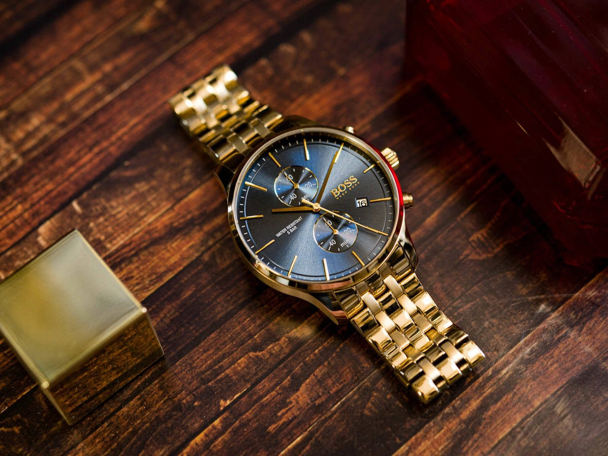 Hugo Boss Associate Blue Dial Gold Steel Strap Watch for Men - 1513841