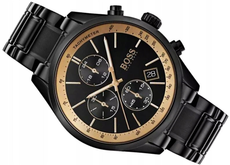 Hugo Boss Grand Prix Black Dial Black Steel Strap Watch for Men - 1513578