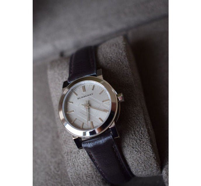 Burberry The City White Dial Black Leather Strap Watch for Women - BU9206