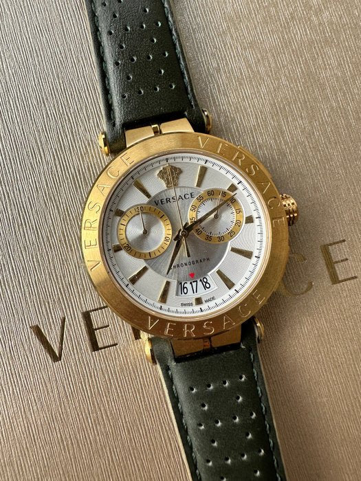 Versace Aion Chronograph White Dial Green Leather Strap Watch for Men - VBR020017