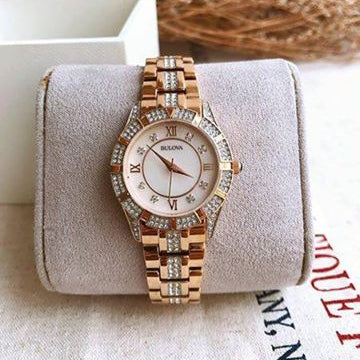 Bulova Crystal Mother of Pearl Dial Rose Gold Steel Strap Watch for Women - 98L197