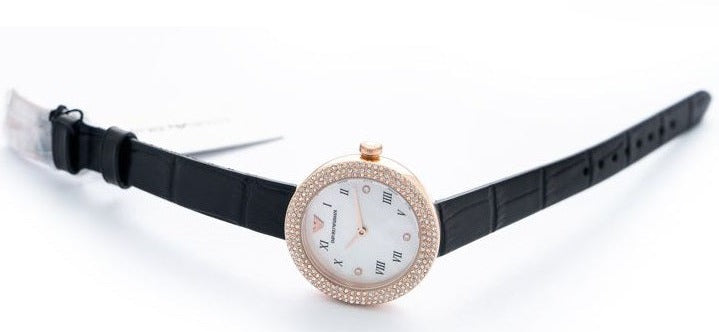 Emporio Armani Rosa Quartz Mother Of Pearl White Dial Black Leather Strap Watch For Women - AR11356