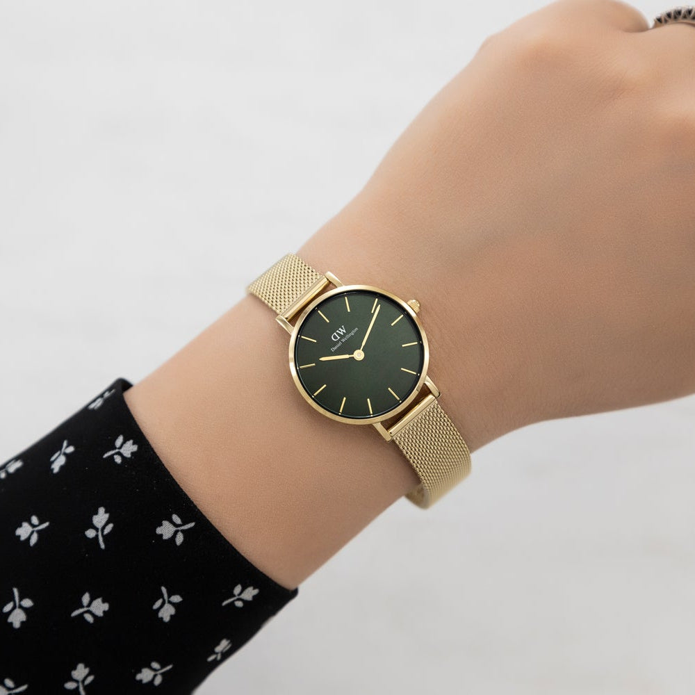 Daniel Wellington Petite Emerald Green Dial Gold Mesh Strap Watch For Women - DW00100479
