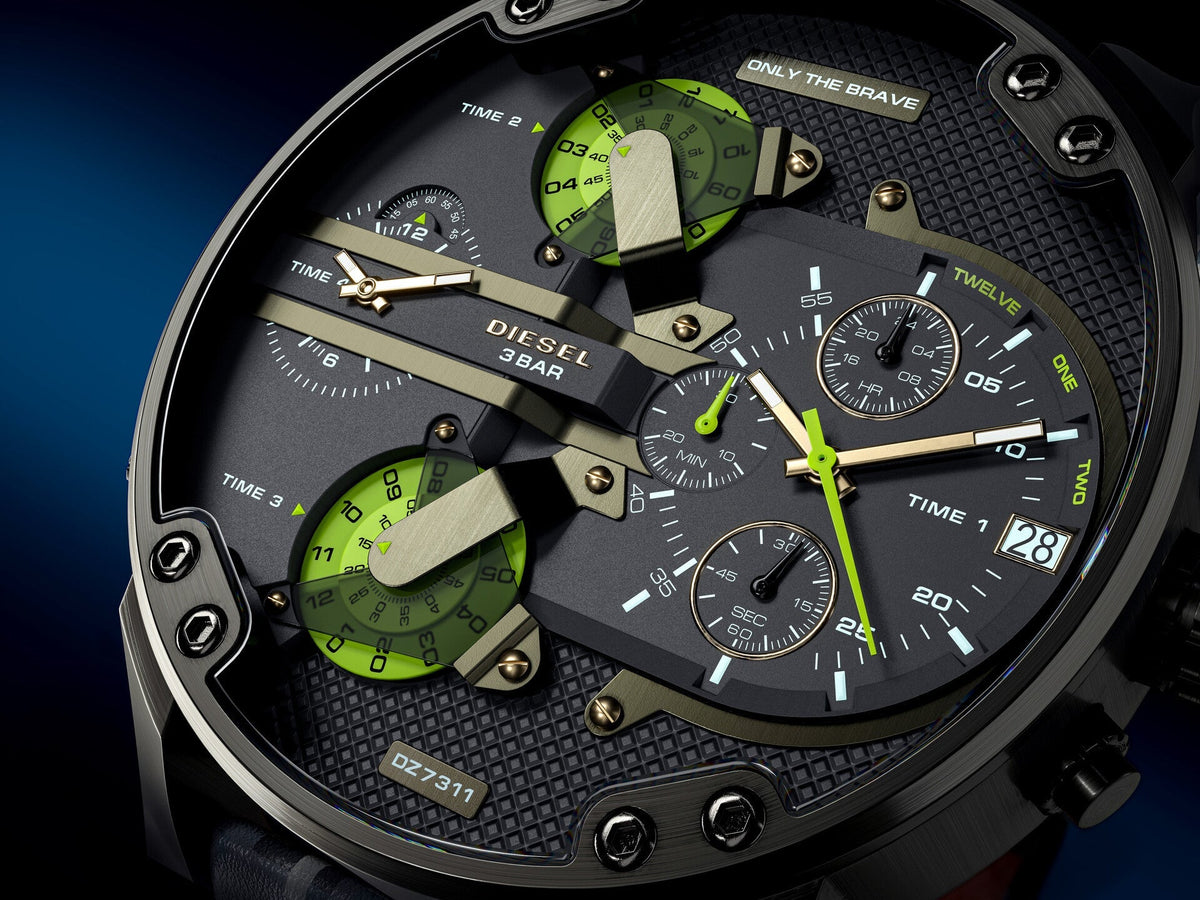 Diesel Big Daddy Chronograph Black Dial Black Leather Strap Watch For Men - DZ7311