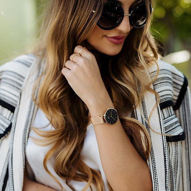 Daniel Wellington Classic Melrose Black Dial Rose Gold Mesh Bracelet Watch For Women - DW00100161