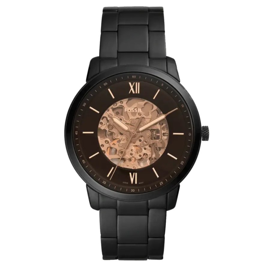 Fossil Neutra Automatic Skeleton Black Dial Black Steel Strap Watch for Men - ME3183
