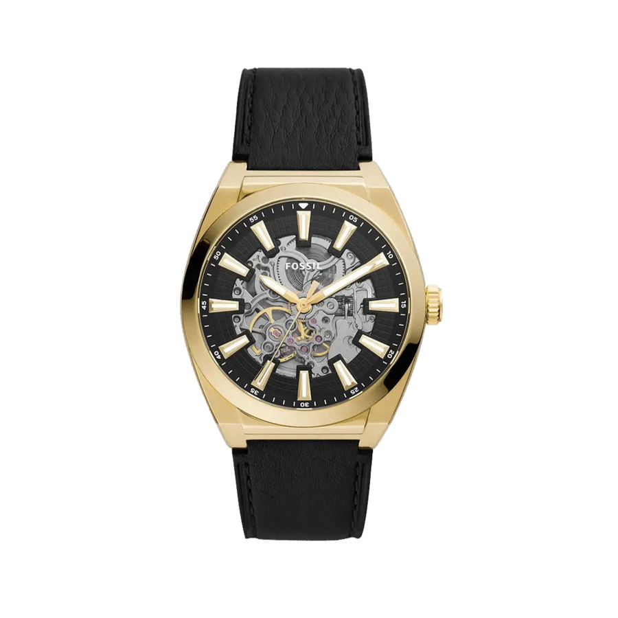 Fossil Everett Automatic Skeleton Black Dial Black Leather Strap Watch for Men - ME3208