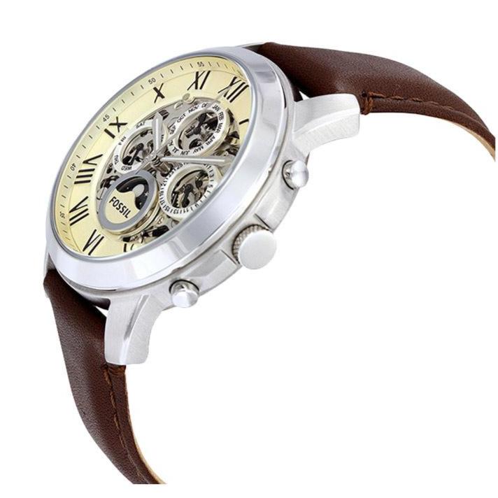 Fossil Grant Automatic White Dial Brown Leather Strap Watch for Men -  ME3027