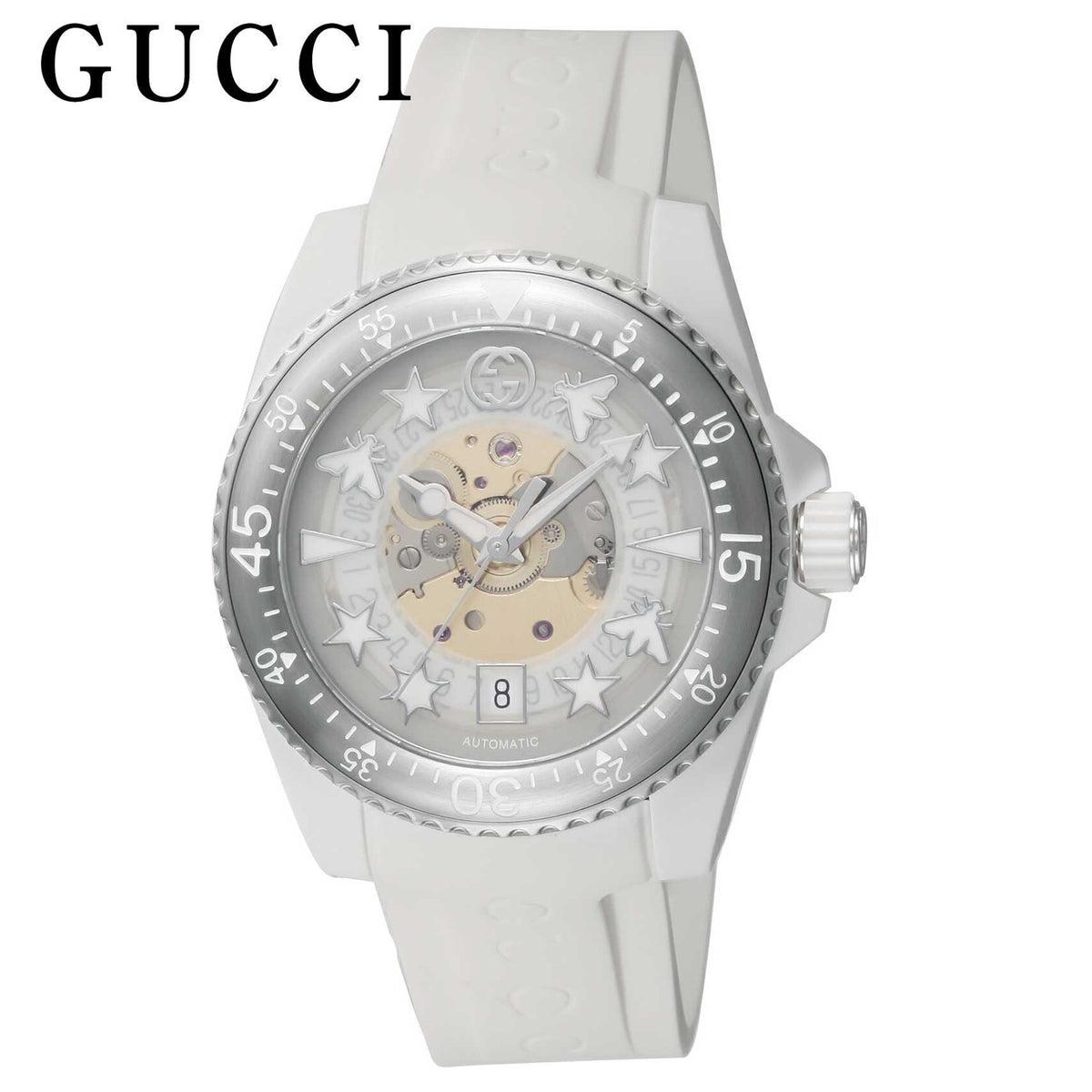 Gucci Dive Automatic Transparent Dial White Rubber Strap Watch For Men - YA136343
