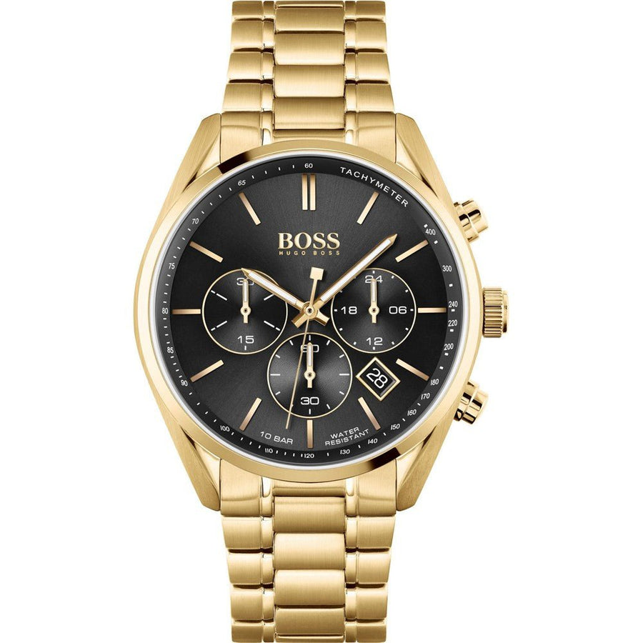 Hugo Boss Champion Black Dial Gold Steel Strap Watch for Men - 1513848