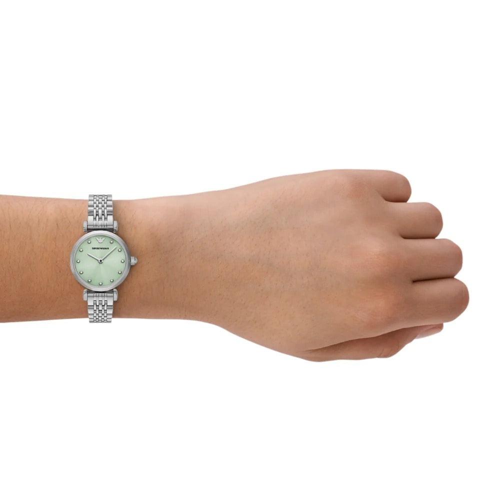Emporio Armani Gianni T Bar Green Dial Silver Steel Strap Watch for Women - AR11667