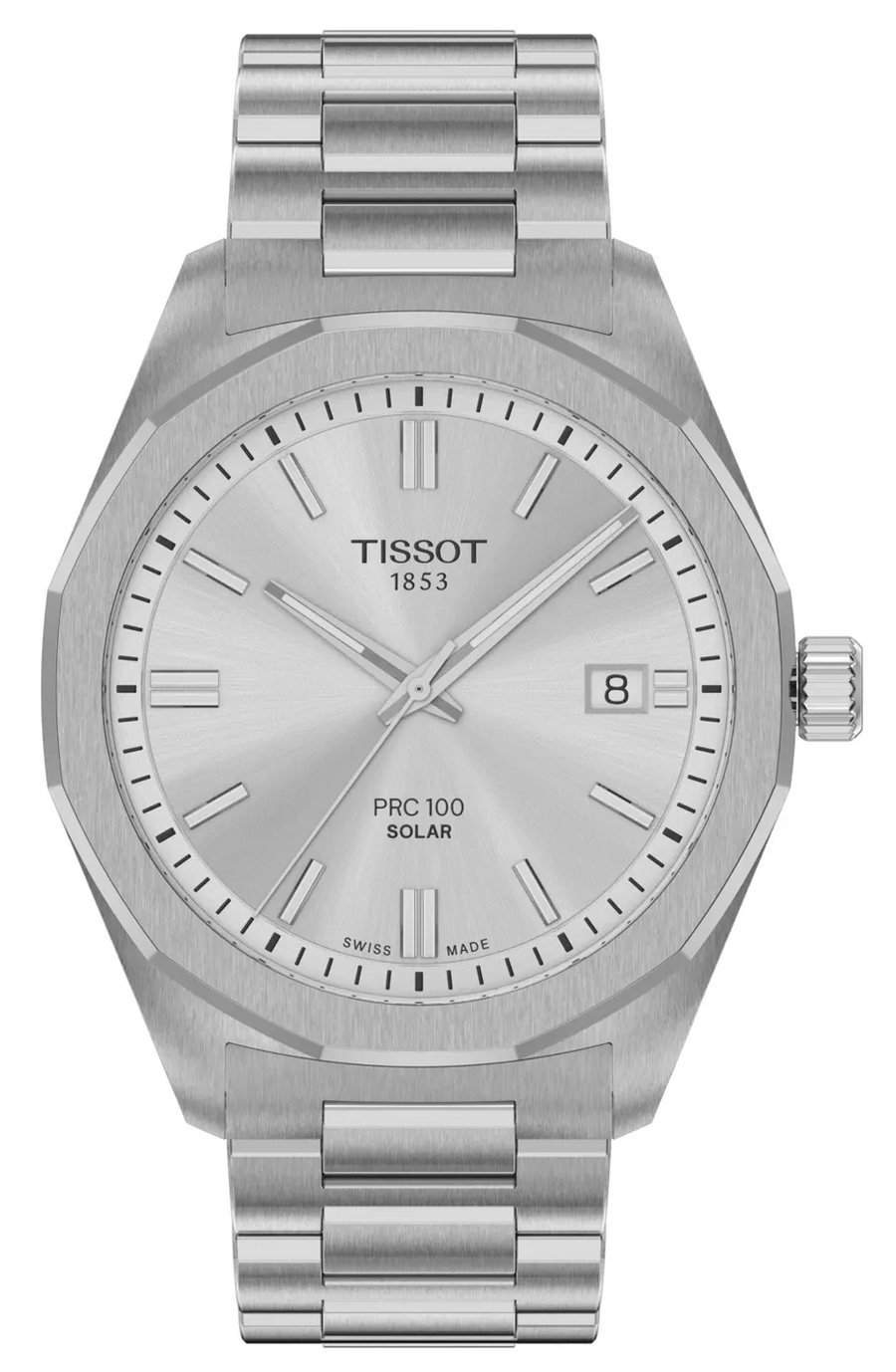 Tissot PRC 100 Solar Quartz Silver Dial Silver Steel Strap Watch for Men - T151.422.11.031.00