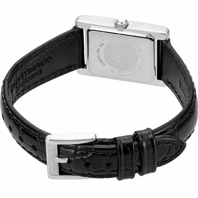 Emporio Armani Two Hand Crystals Silver Dial Black Leather Strap Watch for Women - AR11623