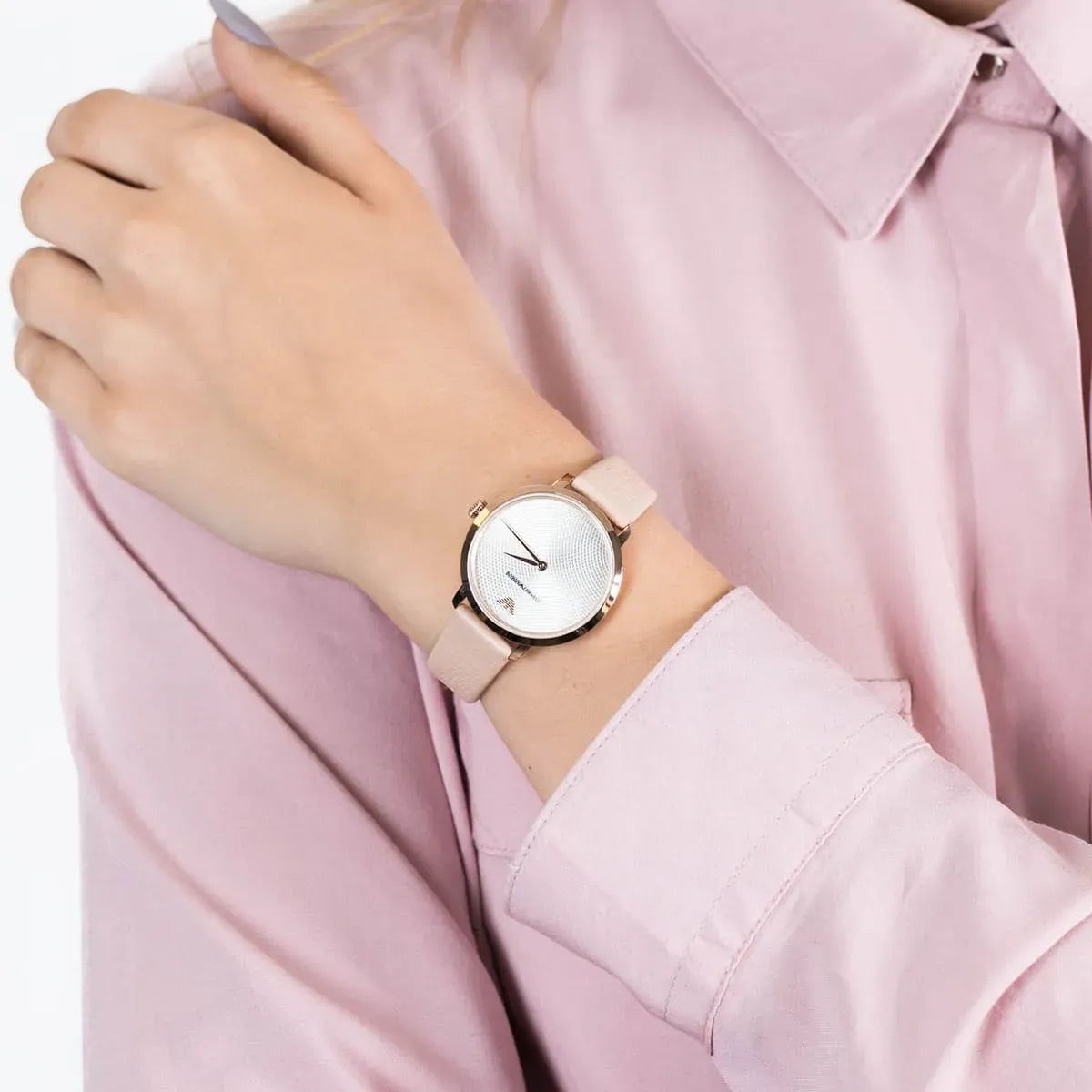 Emporio Armani Modern Silver Dial Pink Leather Strap Watch for Women - AR11160
