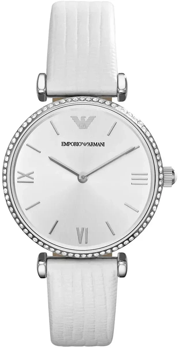 Emporio Armani Gianni T-Bar Silver Dial White Leather Strap Watch for Women - AR1680