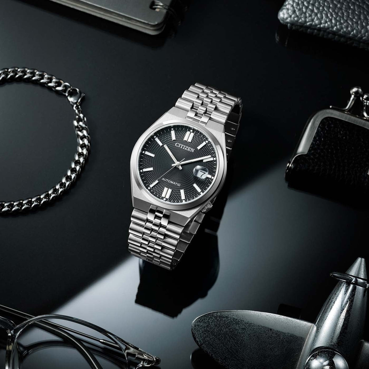 Citizen Tsuyosa 60 Automatic Black Dial Silver Steel Strap Watch for Men - NK0020-55E