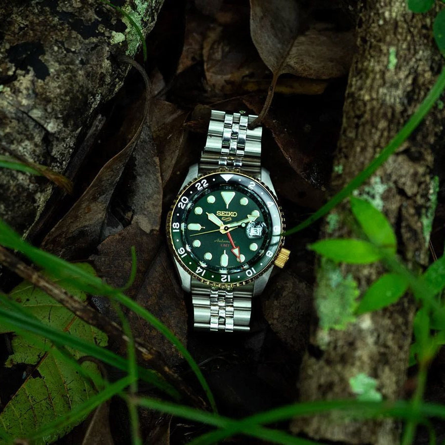 Seiko 5 Sports Forest Green Sunrise Limited Edition Green Dial Silver Steel Strap Watch for Men - SSK050K1