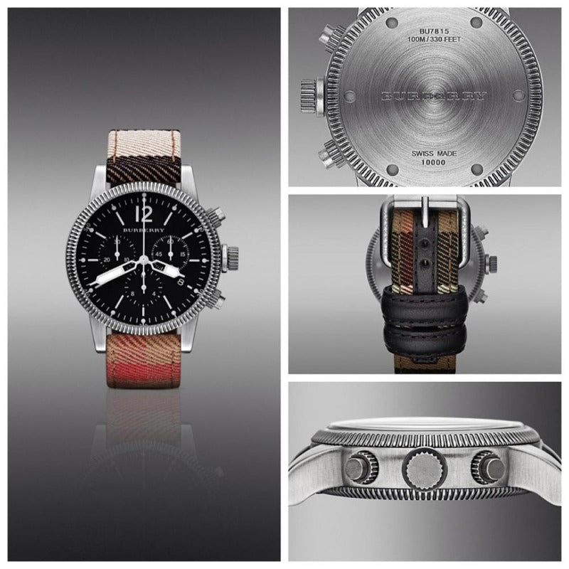 Burberry Utilitarian Chronograph Black Dial Tri Tone Leather Strap Watch for Men - BU7815