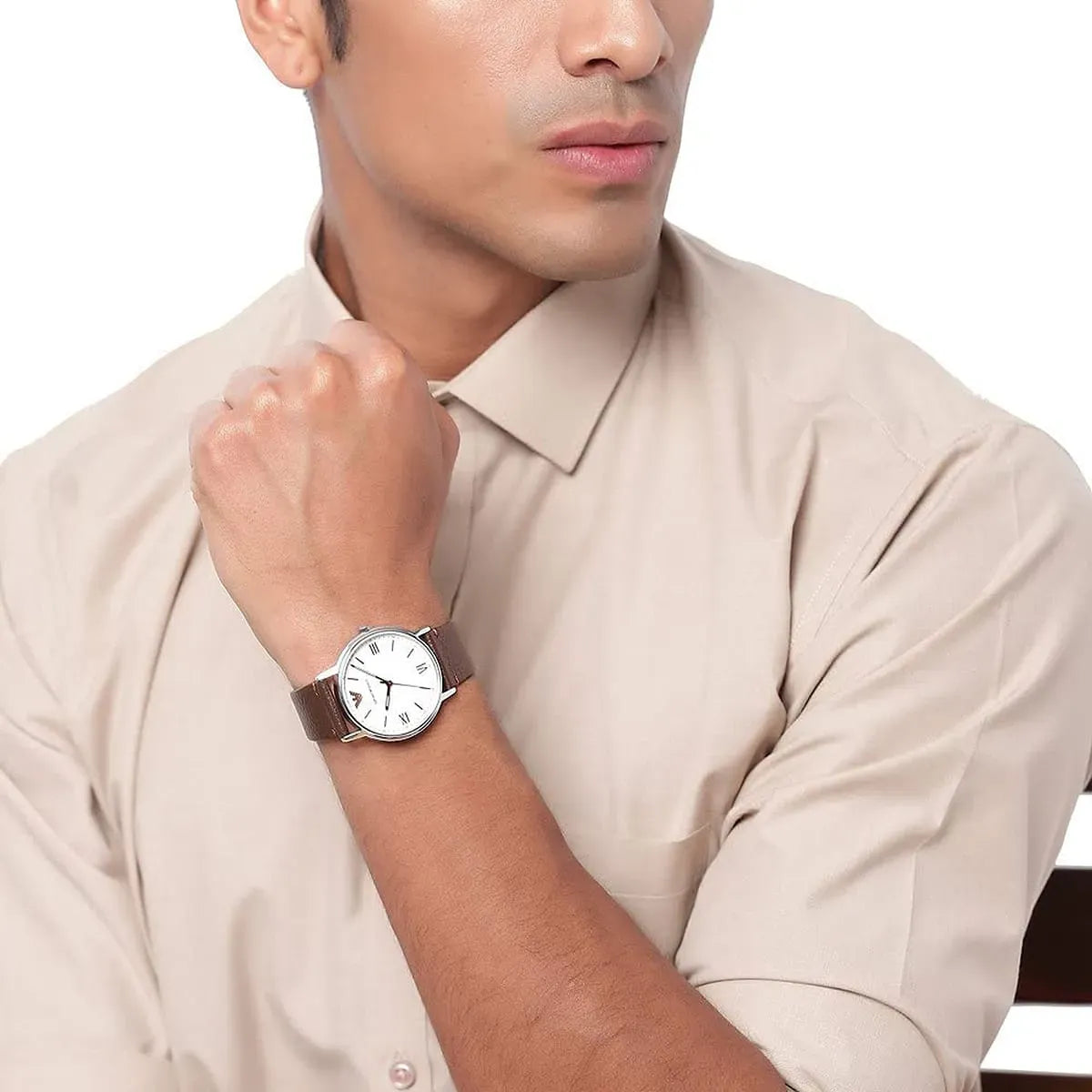 Emporio Armani Kappa Silver Dial Brown Leather Strap Watch for Men - AR11173
