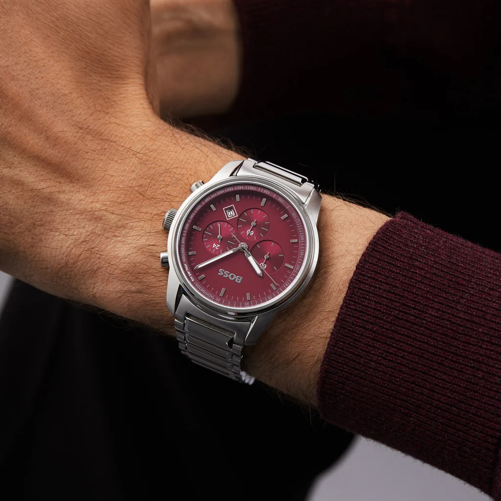 Hugo Boss Strike Red Dial Silver Steel Strap Watch for Men - 1514174