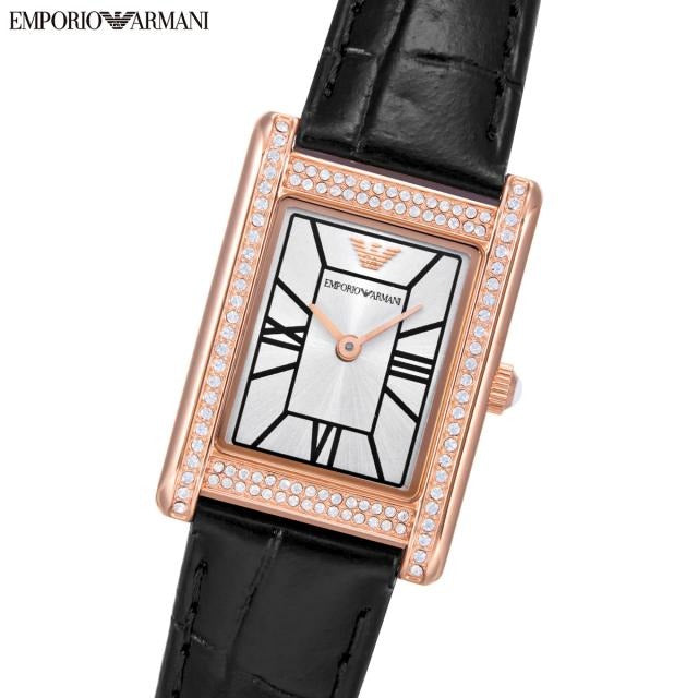 Emporio Armani Genni Silver Dial Black Leather Strap Watch for Women - AR11624