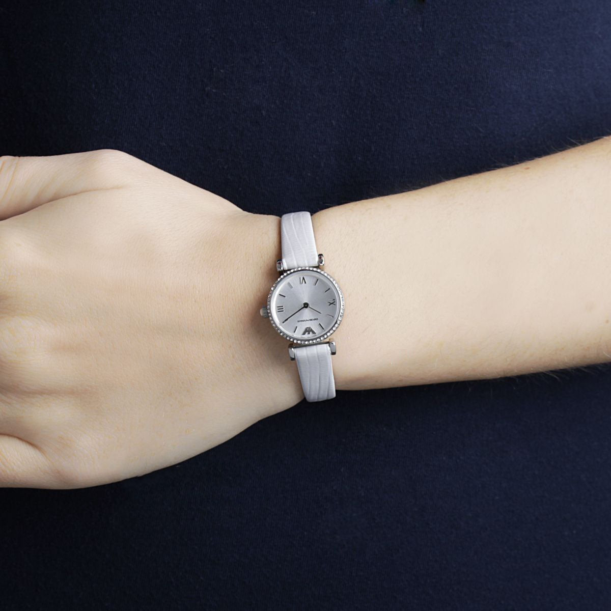 Emporio Armani Gianni T-Bar Silver Dial White Leather Strap Watch for Women - AR1680