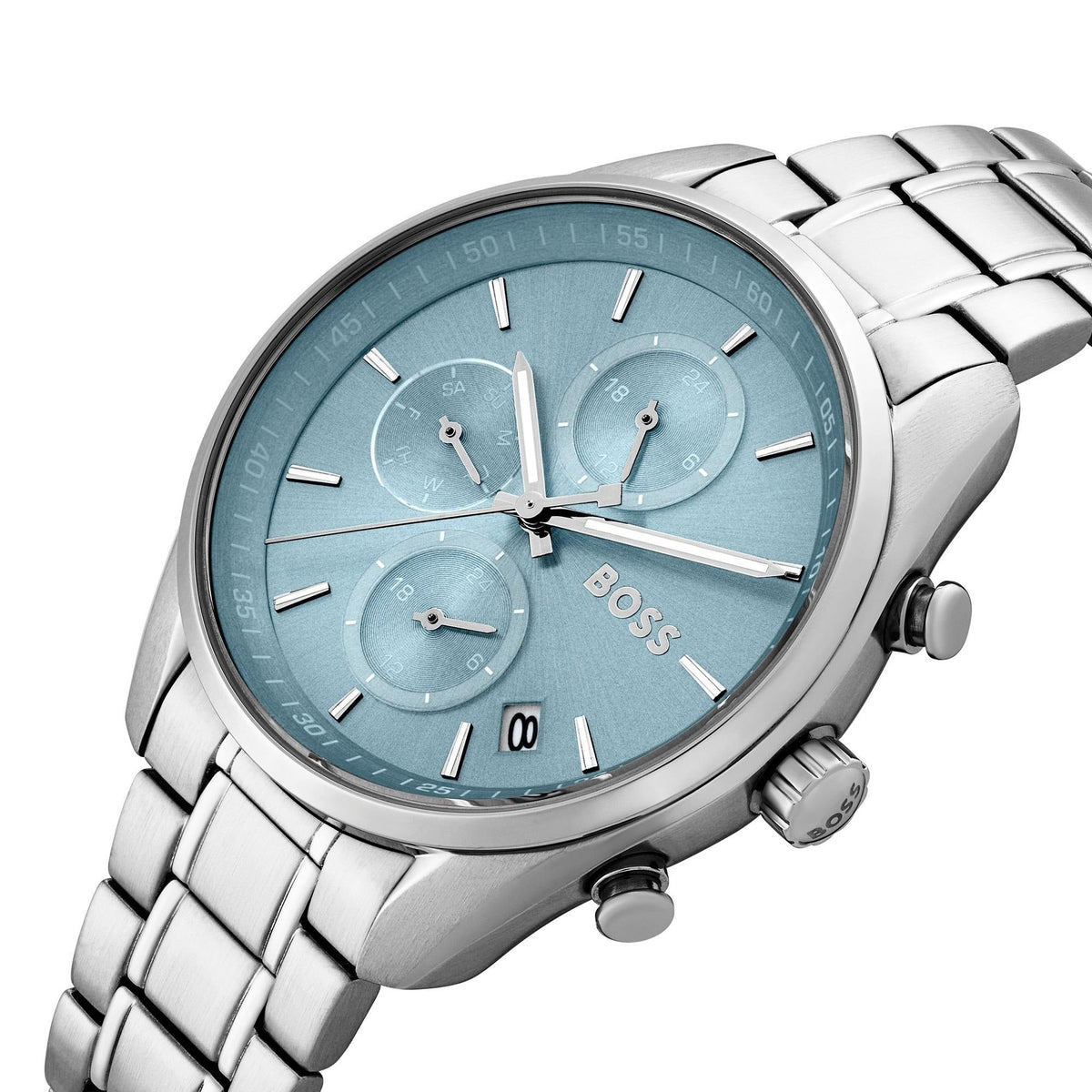 Hugo Boss Grand Tour Chronograph Ice Blue Dial Silver Steel Strap Watch for Women - 1502767