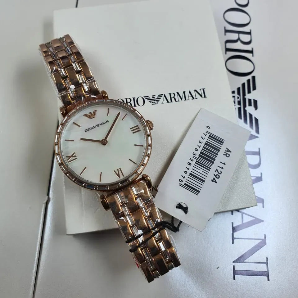 Emporio Armani Gianni T-Bar Mother of Pearl White Dial Two Tone Steel Watch for Women - AR11294