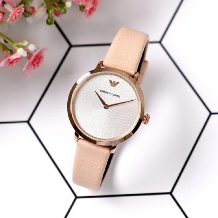 Emporio Armani Modern Silver Dial Pink Leather Strap Watch for Women - AR11160