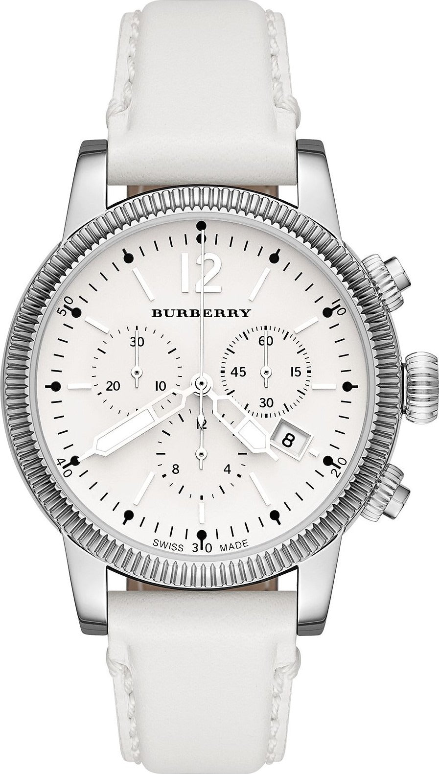 Burberry Utilitarian Chronograph White Dial White Leather Strap Watch for Women - BU7821