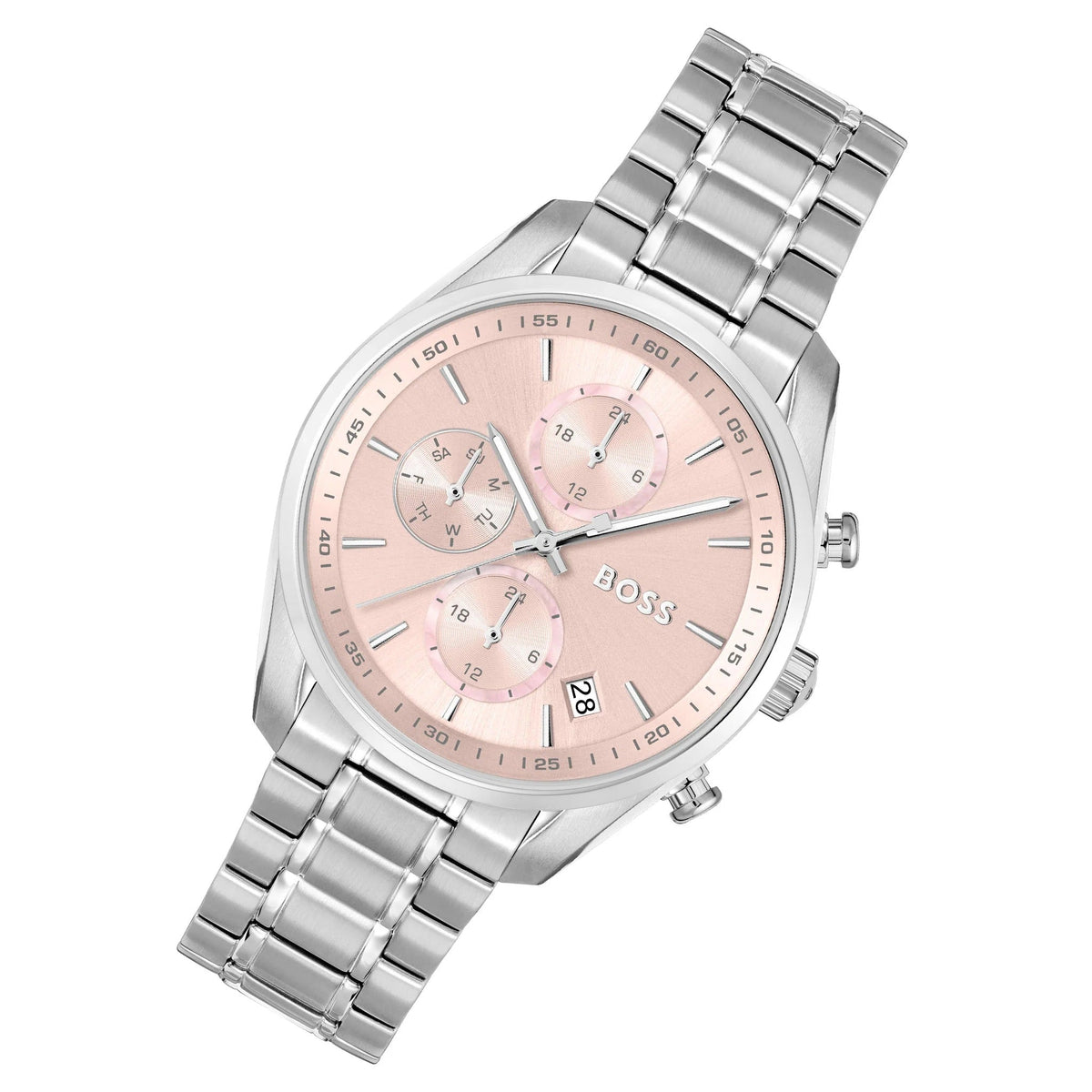 Hugo Boss Grand Tour Chronograph Pink Mother of Pearl Dial Silver Steel Strap Watch for Women - 1502765