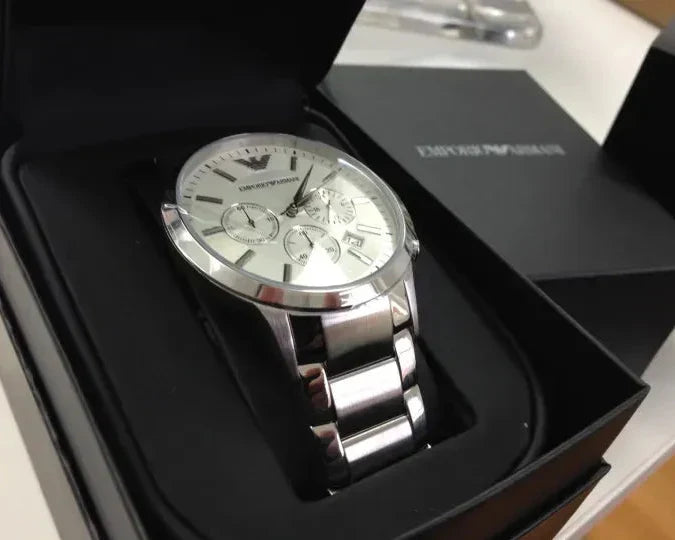 Emporio Armani Renato Chronograph White Dial Silver Steel Strap Watch for Women  - AR2459