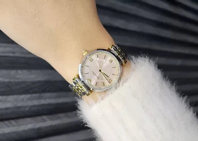 Emporio Armani Gianni T-Bar Beige Dial Two Tone Steel Strap Watch for Women - AR11702